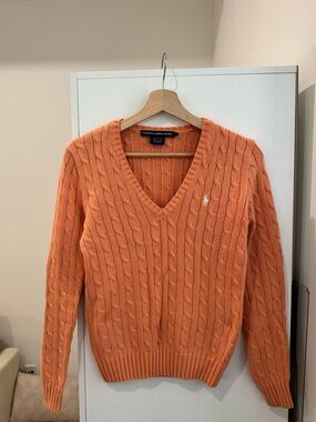 100% Cotton Polo by Ralph Lauren Peach-Orange Cable Knit V-Neck Sweater